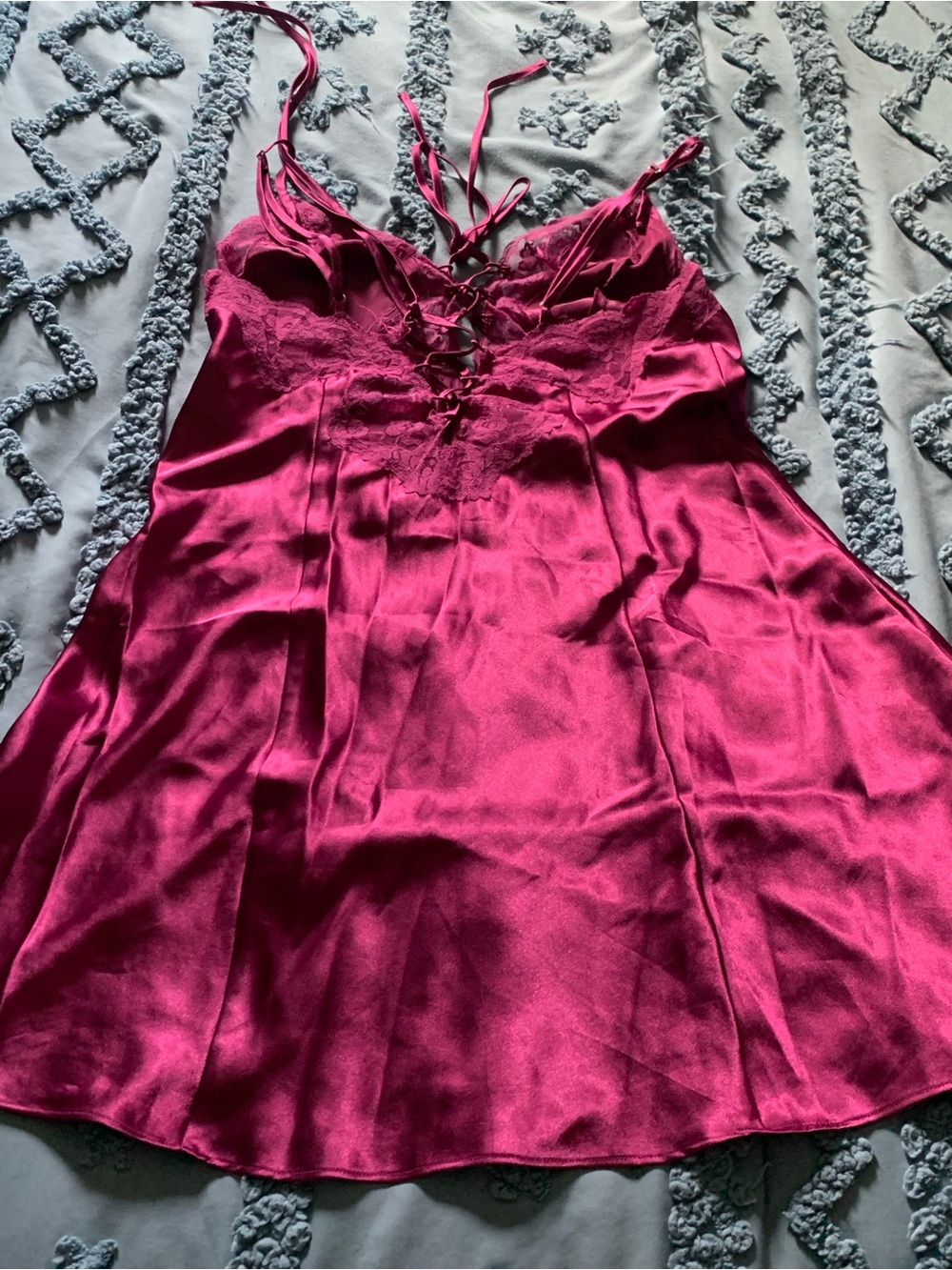 Frederick's of Hollywood Vintage Fuchsia Satin Lace-Up Chemise with Floral Lace